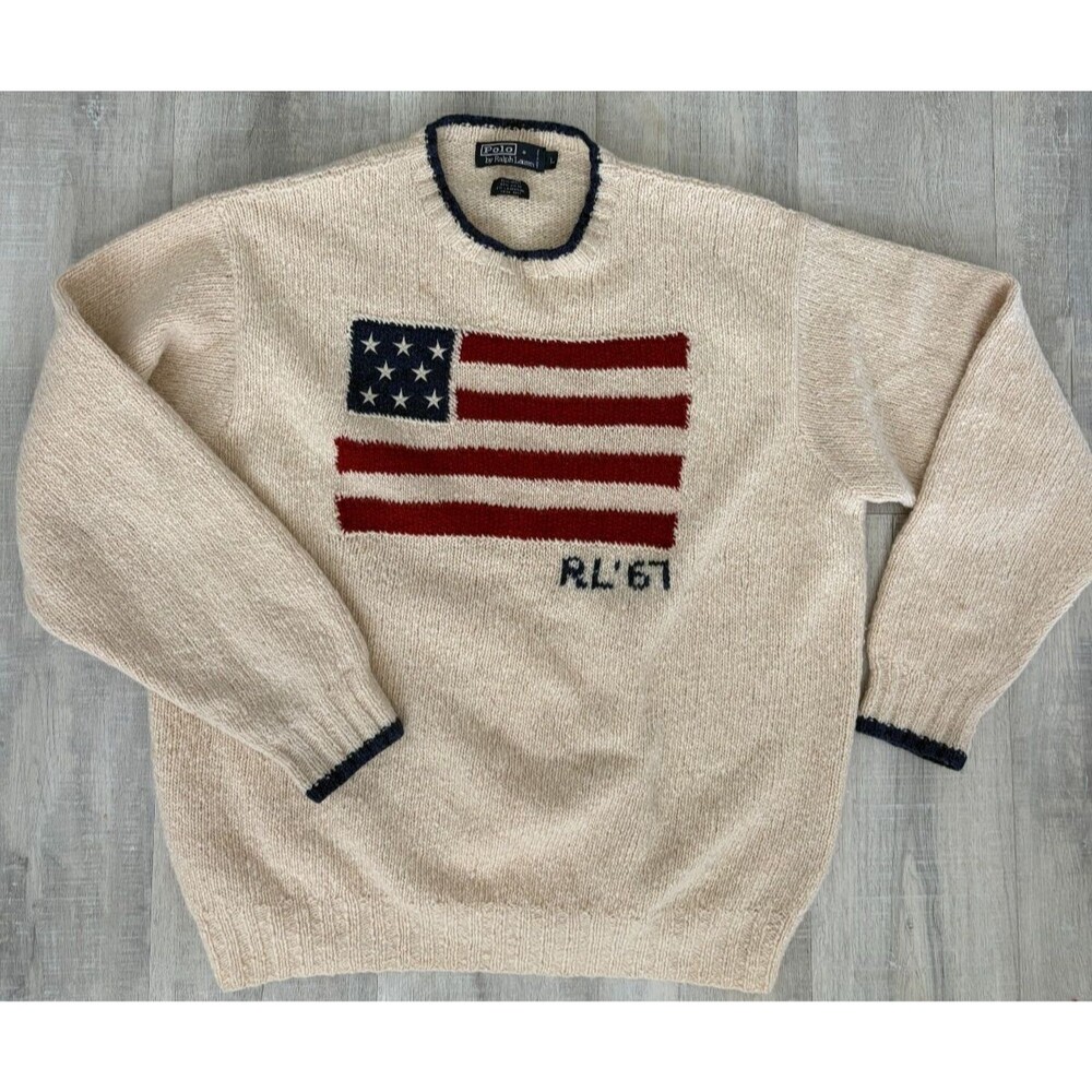 VTGPolo Ralph Lauren RL '67 American FlagWool Hand Knit Sweater Cream L